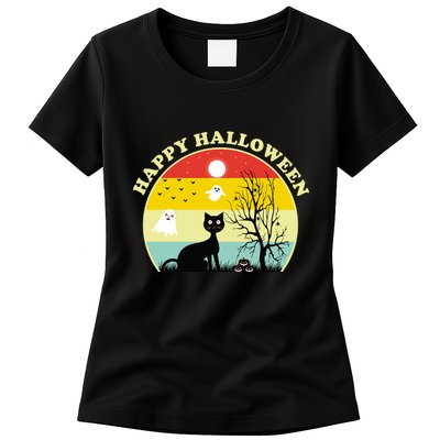 Happy Halloween Black Cat Retro Sunset Womens T-Shirt