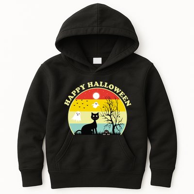 Happy Halloween Black Cat Retro Sunset Kids Hoodie