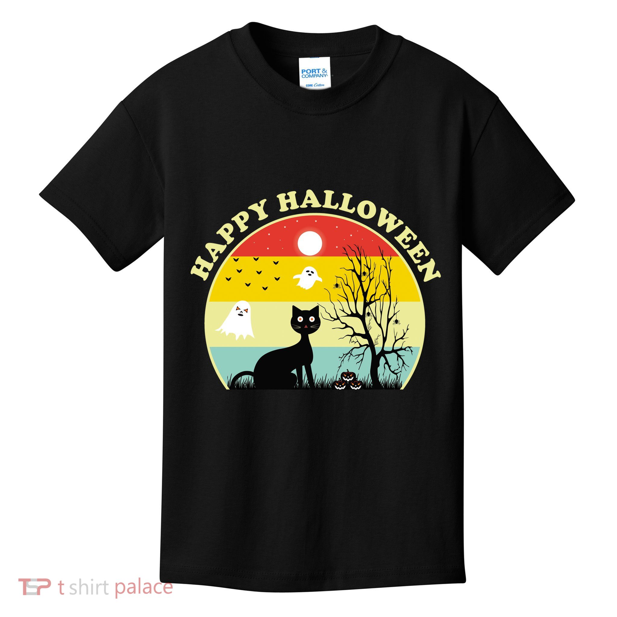 Happy Halloween Black Cat Retro Sunset Kids T-Shirt
