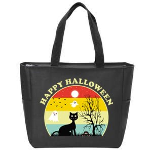 Happy Halloween Black Cat Retro Sunset Zip Tote Bag