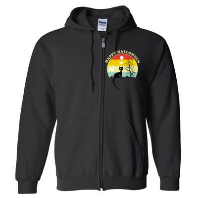 Happy Halloween Black Cat Retro Sunset Full Zip Hoodie