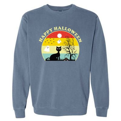 Happy Halloween Black Cat Retro Sunset Garment-Dyed Sweatshirt