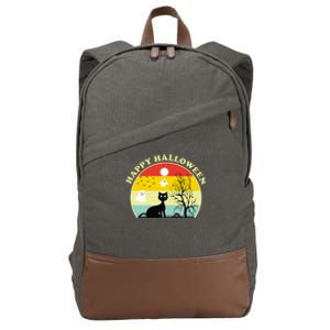 Happy Halloween Black Cat Retro Sunset Cotton Canvas Backpack