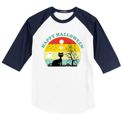 Happy Halloween Black Cat Retro Sunset Baseball Sleeve Shirt