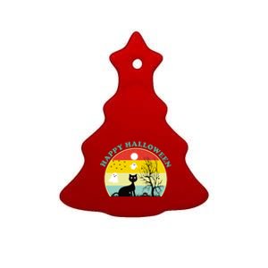 Happy Halloween Black Cat Retro Sunset Ceramic Tree Ornament