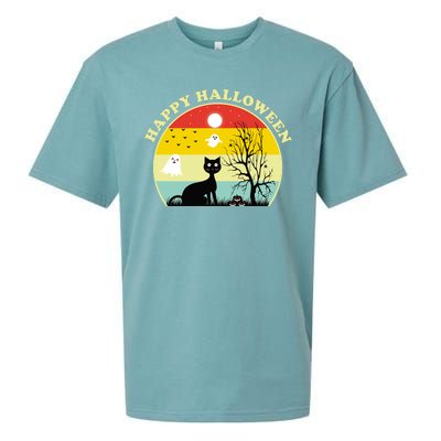 Happy Halloween Black Cat Retro Sunset Sueded Cloud Jersey T-Shirt