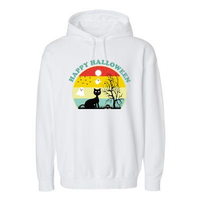 Happy Halloween Black Cat Retro Sunset Garment-Dyed Fleece Hoodie