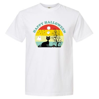 Happy Halloween Black Cat Retro Sunset Garment-Dyed Heavyweight T-Shirt