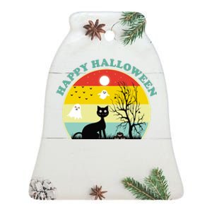 Happy Halloween Black Cat Retro Sunset Ceramic Bell Ornament