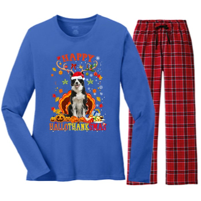 Happy Hallothanksmas Border Collie Dog Halloween Xmas Tees Gift Women's Long Sleeve Flannel Pajama Set 