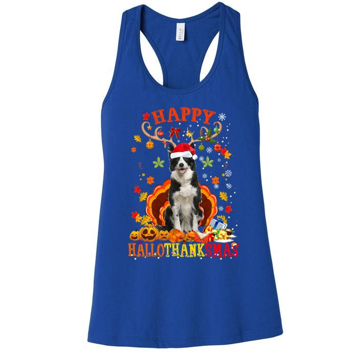 Happy Hallothanksmas Border Collie Dog Halloween Xmas Tees Gift Women's Racerback Tank