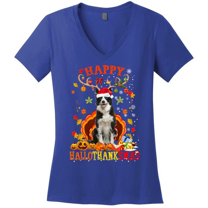 Happy Hallothanksmas Border Collie Dog Halloween Xmas Tees Gift Women's V-Neck T-Shirt