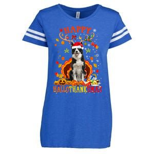 Happy Hallothanksmas Border Collie Dog Halloween Xmas Tees Gift Enza Ladies Jersey Football T-Shirt