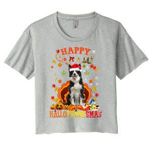 Happy Hallothanksmas Border Collie Dog Halloween Xmas Tees Gift Women's Crop Top Tee