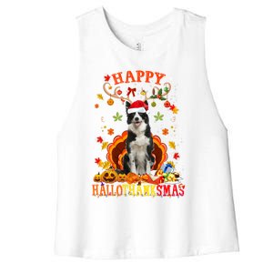 Happy Hallothanksmas Border Collie Dog Halloween Xmas Tees Gift Women's Racerback Cropped Tank