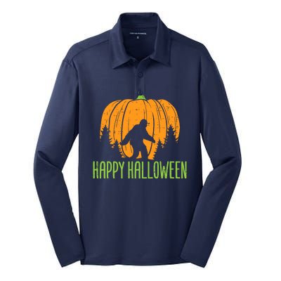 Happy Halloween Bigfoot Pumpkin Sasquatch Silk Touch Performance Long Sleeve Polo