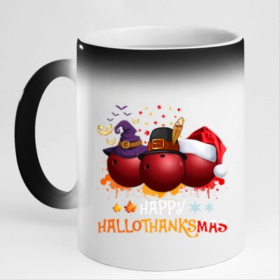 Happy Hallothanksmas Bowling Halloween And Christmas Autumn Gift 11oz Black Color Changing Mug