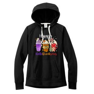 Happy Hallothanksmas Coffee Latte Halloween Thanksgiving Funny Gift Women's Fleece Hoodie