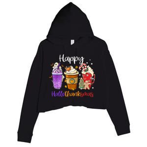 Happy Hallothanksmas Coffee Latte Halloween Thanksgiving Funny Gift Crop Fleece Hoodie