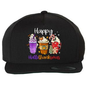 Happy Hallothanksmas Coffee Latte Halloween Thanksgiving Funny Gift Wool Snapback Cap