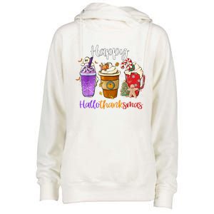 Happy Hallothanksmas Coffee Latte Halloween Thanksgiving Funny Gift Womens Funnel Neck Pullover Hood