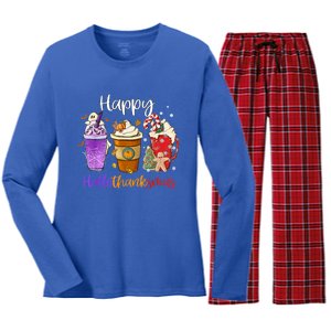 Happy Hallothanksmas Coffee Latte Halloween Thanksgiving Funny Gift Women's Long Sleeve Flannel Pajama Set 