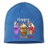 Happy Hallothanksmas Coffee Latte Halloween Thanksgiving Funny Gift Sustainable Beanie