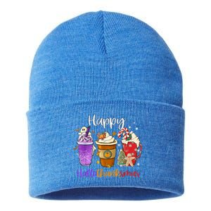 Happy Hallothanksmas Coffee Latte Halloween Thanksgiving Funny Gift Sustainable Knit Beanie