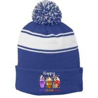 Happy Hallothanksmas Coffee Latte Halloween Thanksgiving Funny Gift Stripe Pom Pom Beanie