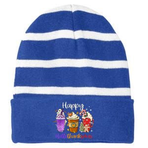 Happy Hallothanksmas Coffee Latte Halloween Thanksgiving Funny Gift Striped Beanie with Solid Band