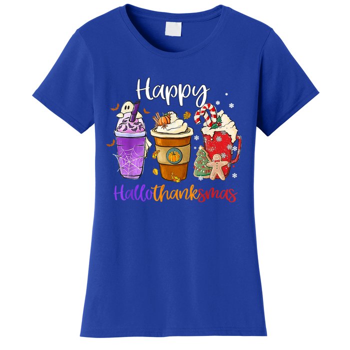 Happy Hallothanksmas Coffee Latte Halloween Thanksgiving Funny Gift Women's T-Shirt