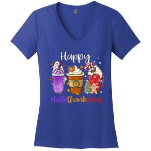 Happy Hallothanksmas Coffee Latte Halloween Thanksgiving Funny Gift Women's V-Neck T-Shirt