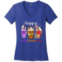 Happy Hallothanksmas Coffee Latte Halloween Thanksgiving Funny Gift Women's V-Neck T-Shirt