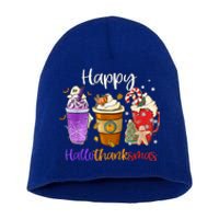 Happy Hallothanksmas Coffee Latte Halloween Thanksgiving Funny Gift Short Acrylic Beanie