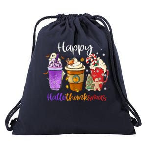 Happy Hallothanksmas Coffee Latte Halloween Thanksgiving Funny Gift Drawstring Bag