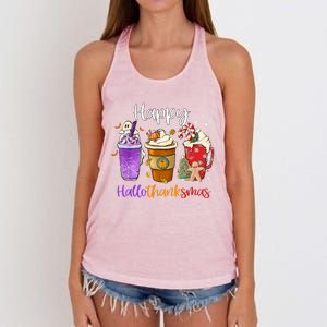 Happy Hallothanksmas Coffee Latte Halloween Thanksgiving Funny Gift Women's Knotted Racerback Tank