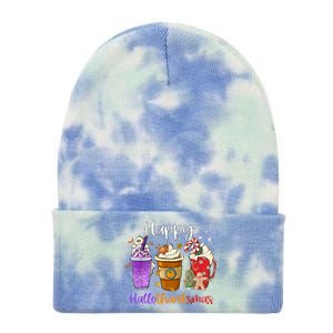 Happy Hallothanksmas Coffee Latte Halloween Thanksgiving Funny Gift Tie Dye 12in Knit Beanie