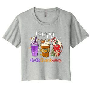 Happy Hallothanksmas Coffee Latte Halloween Thanksgiving Funny Gift Women's Crop Top Tee