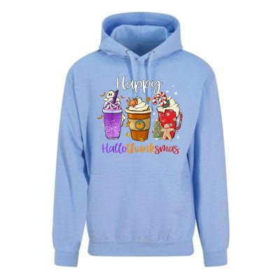 Happy Hallothanksmas Coffee Latte Halloween Thanksgiving Funny Gift Unisex Surf Hoodie