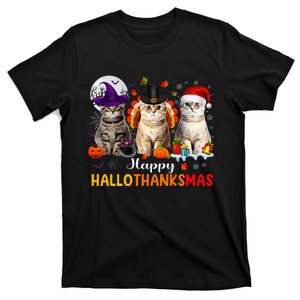 Happy Hallothanksmas Cats Halloween Thanksgiving Christmas T-Shirt