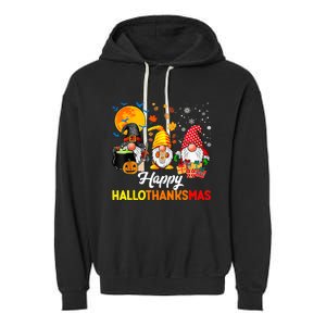 Happy Hallothanksmas Cute Gnomes Fall Halloween Garment-Dyed Fleece Hoodie