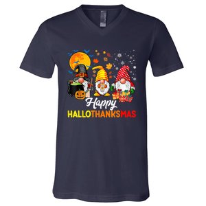 Happy Hallothanksmas Cute Gnomes Fall Halloween V-Neck T-Shirt