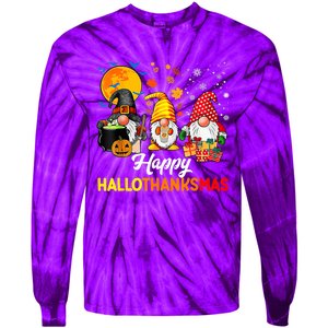 Happy Hallothanksmas Cute Gnomes Fall Halloween Tie-Dye Long Sleeve Shirt