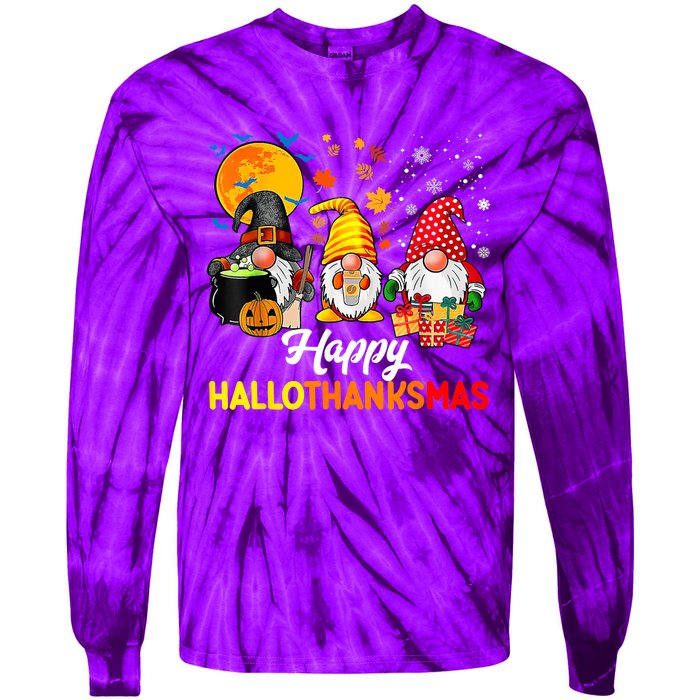 Happy Hallothanksmas Cute Gnomes Fall Halloween Tie-Dye Long Sleeve Shirt