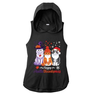 Happy Hallothanksmas Cats Halloween Thanksgiving Christmas Ladies PosiCharge Tri-Blend Wicking Draft Hoodie Tank