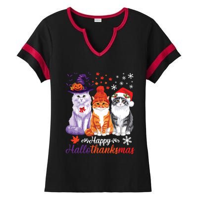 Happy Hallothanksmas Cats Halloween Thanksgiving Christmas Ladies Halftime Notch Neck Tee