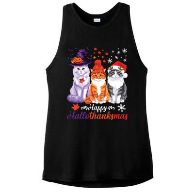 Happy Hallothanksmas Cats Halloween Thanksgiving Christmas Ladies PosiCharge Tri-Blend Wicking Tank