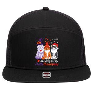 Happy Hallothanksmas Cats Halloween Thanksgiving Christmas 7 Panel Mesh Trucker Snapback Hat