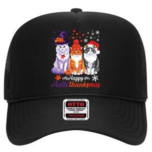 Happy Hallothanksmas Cats Halloween Thanksgiving Christmas High Crown Mesh Back Trucker Hat