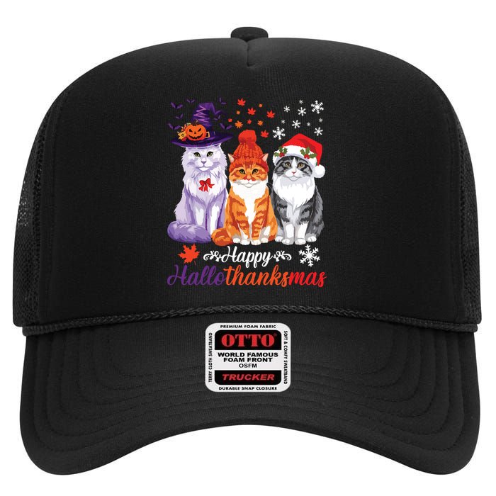 Happy Hallothanksmas Cats Halloween Thanksgiving Christmas High Crown Mesh Back Trucker Hat